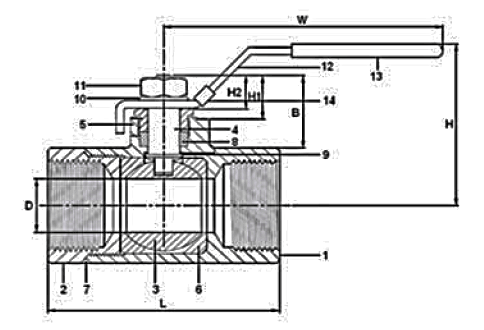 2 Piece Seal Welded Ball Valve Parts and Material Diagram