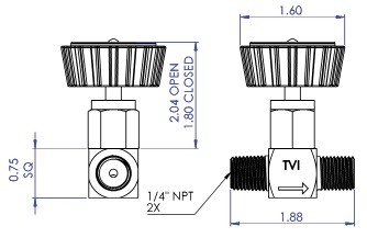 Diagram of Stainless Steel Mini Valves with PEEK™ Seats - 1/4" NPT Male to Male